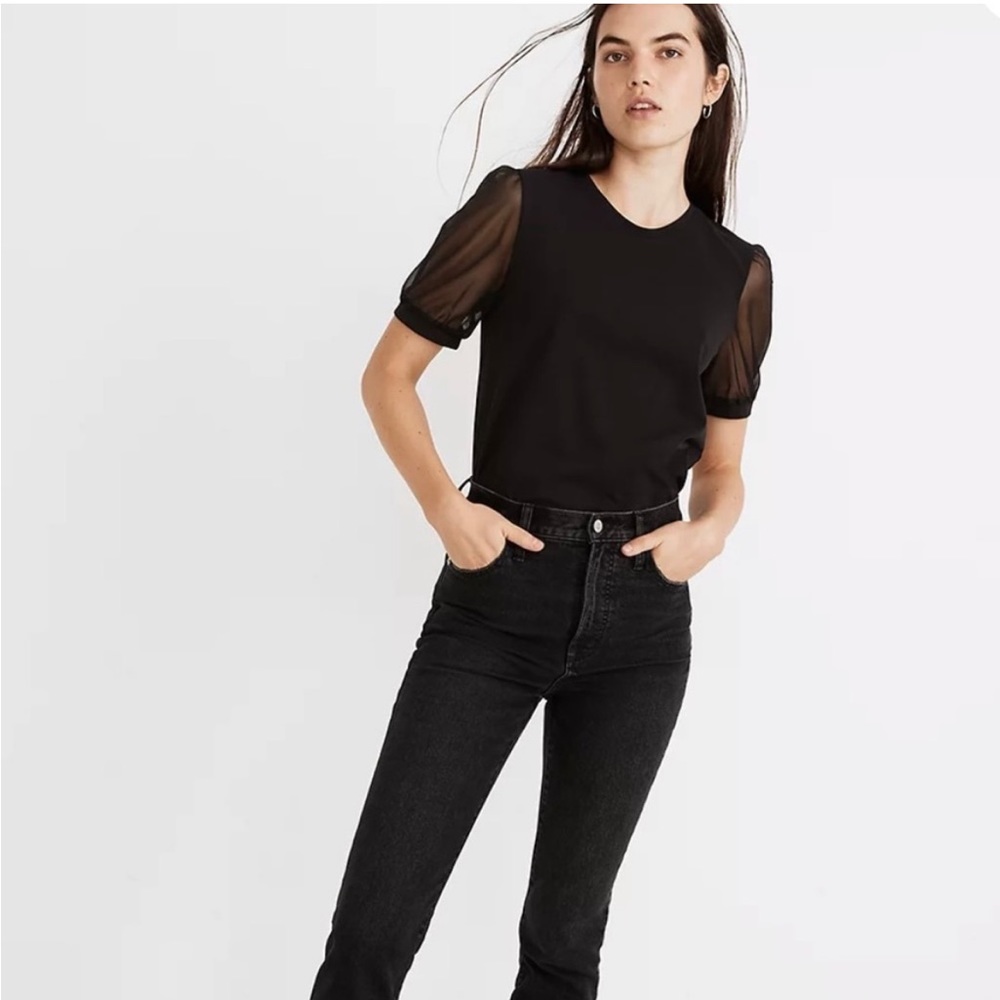 Madewell Black Sheer Sleeve Knit Top Size Medium